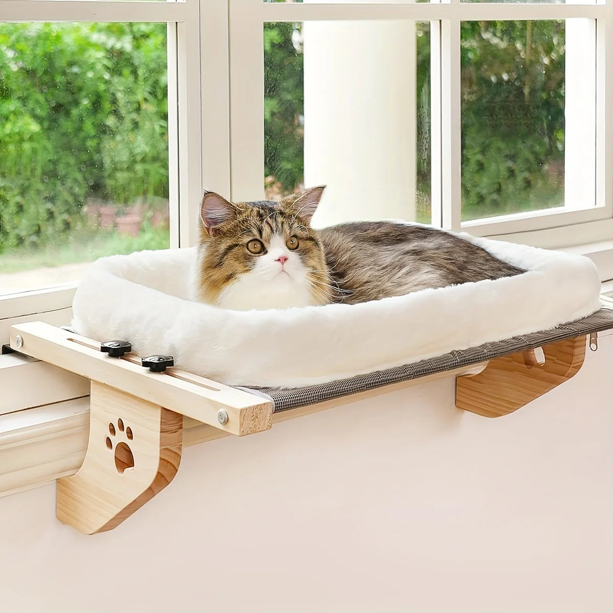 Adjustable Cat Window Perch, Soft Fleece Hammock Bed with Secure Wall/Ceiling Mount, Paw Print Design for Indoor Cats Relaxation