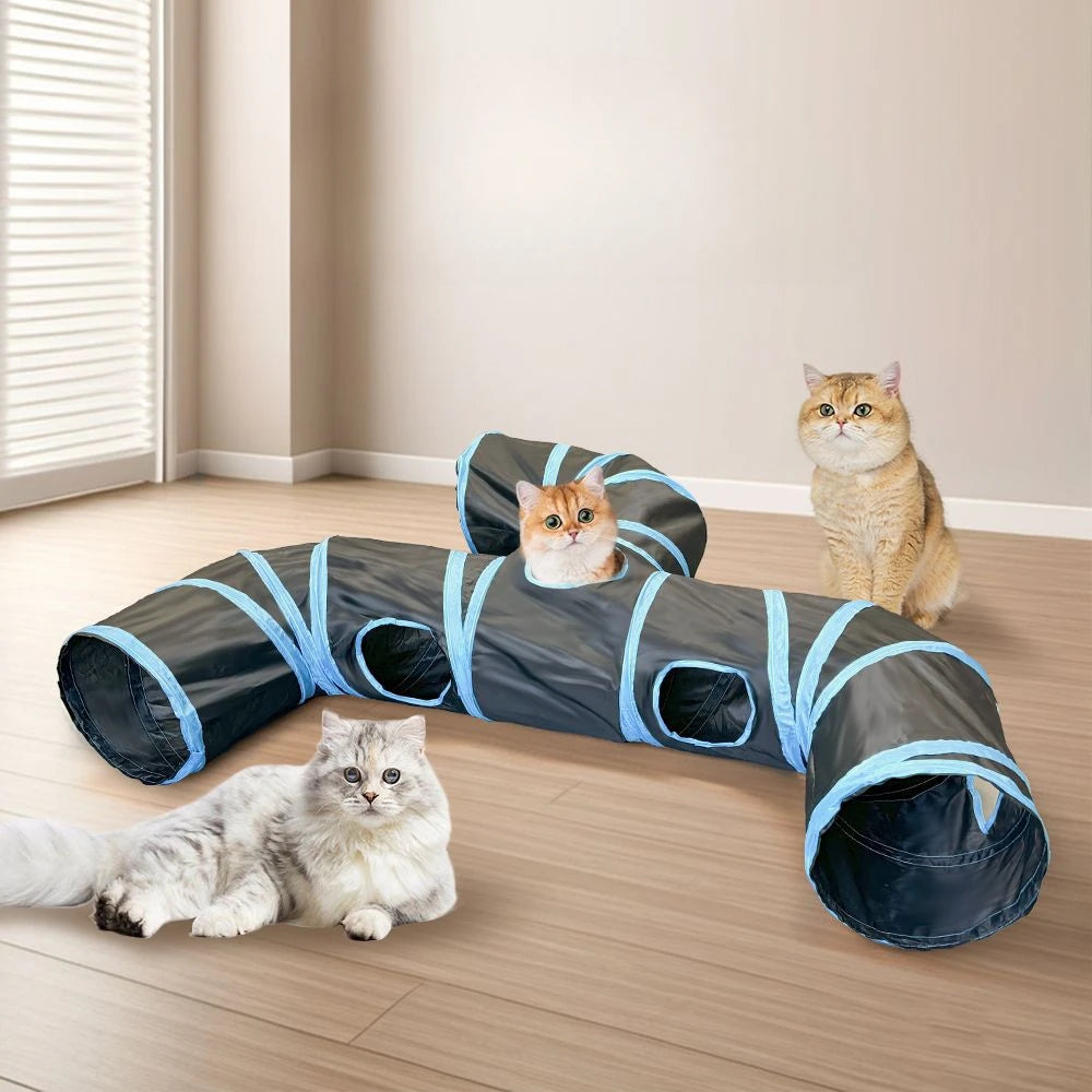 Blue Three Ways Pet Play Tunnel Cubes Foldable Drill Barrel Bending Cat Kitty Indoor Tent Kitty Training Interactive Fun Toy