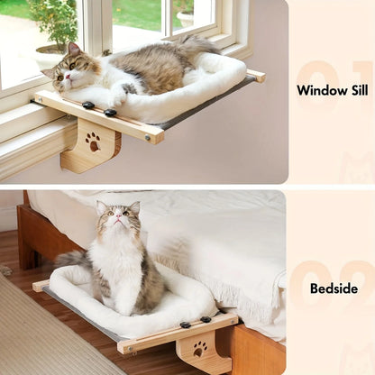 Adjustable Cat Window Perch, Soft Fleece Hammock Bed with Secure Wall/Ceiling Mount, Paw Print Design for Indoor Cats Relaxation