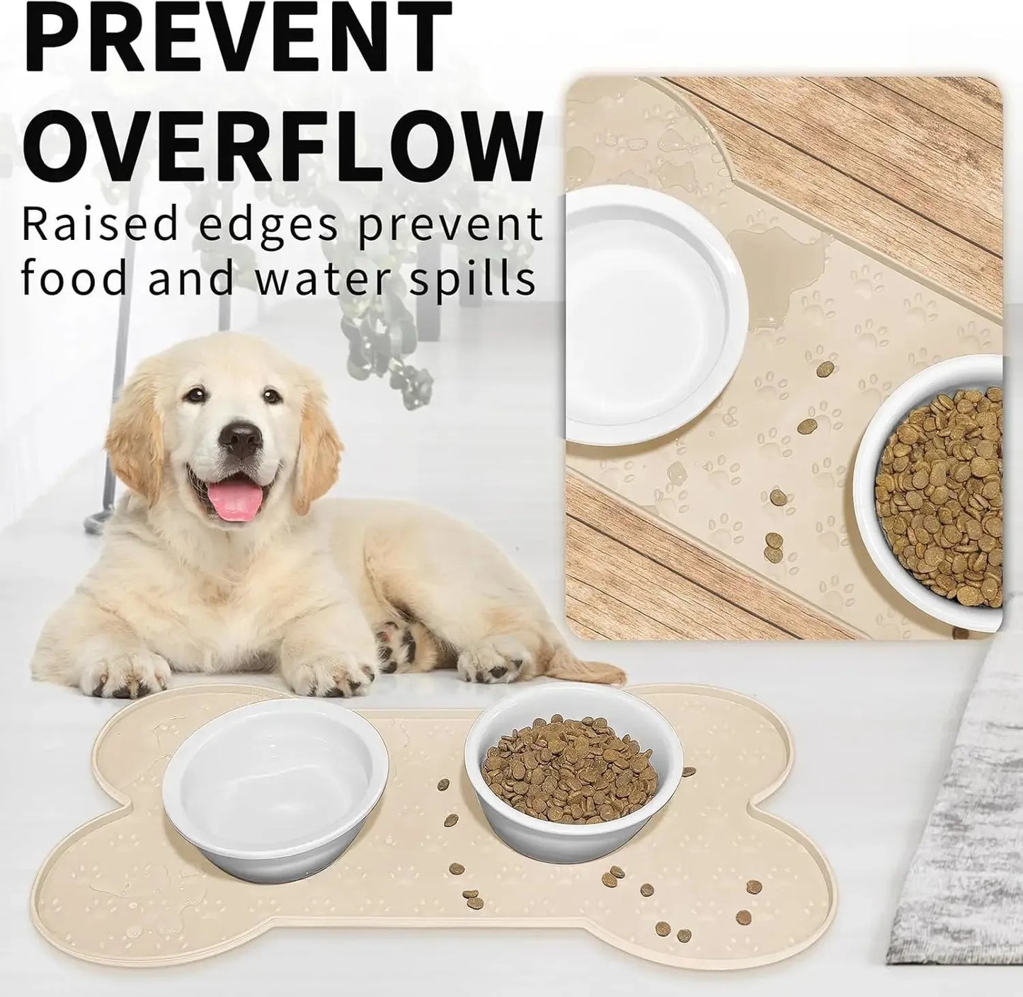 Dog Bowl Mat Thicker Pet Drinking Feeding Placemat Dog Food Mat Anti-Slip Silicone Waterproof Cat Feeder Pad with Raised Edge