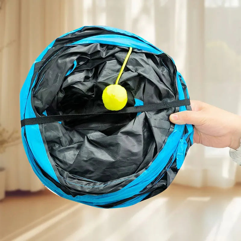 Blue Three Ways Pet Play Tunnel Cubes Foldable Drill Barrel Bending Cat Kitty Indoor Tent Kitty Training Interactive Fun Toy