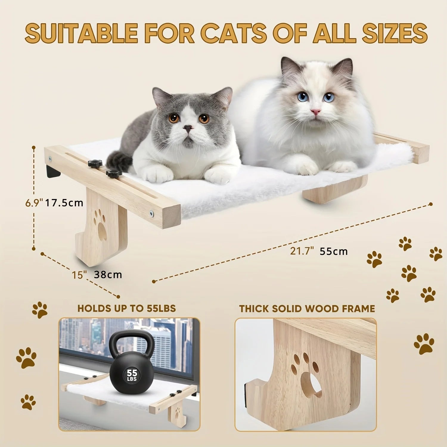 Adjustable Cat Window Perch, Soft Fleece Hammock Bed with Secure Wall/Ceiling Mount, Paw Print Design for Indoor Cats Relaxation
